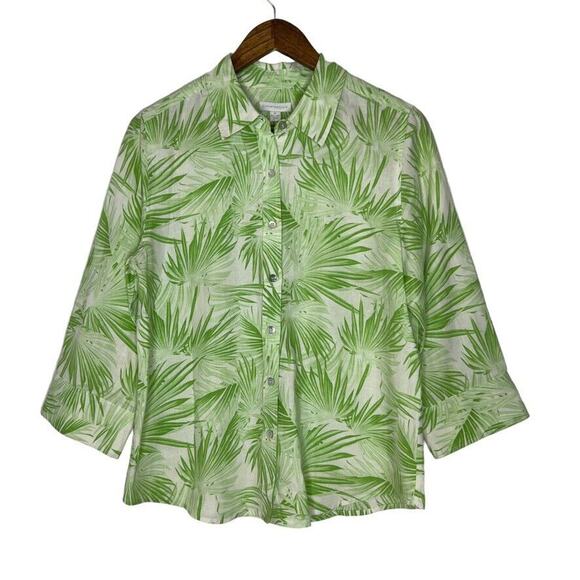 Charter Club Green Tropical 100% Linen Half Sleeve Button Blouse Size 10 - Picture 1 of 6